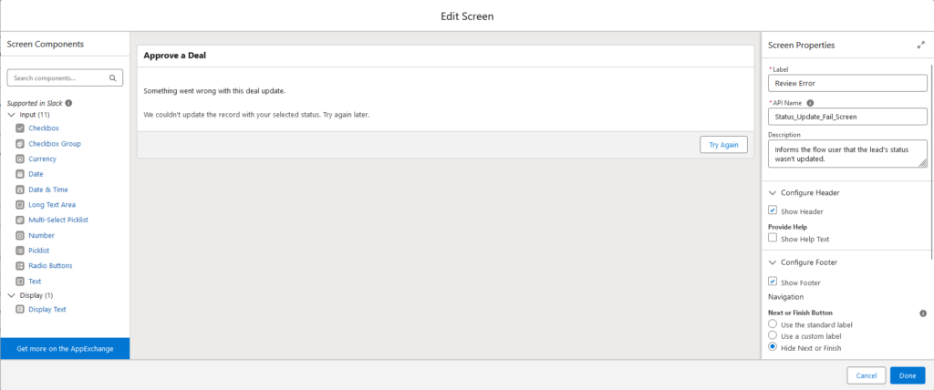 Screen Properties with the necessary details and fields filled in